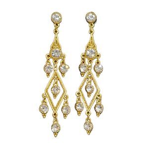 Dangle Chandelier Gold Tone Clear Crystal 3" Statement Earrings Bridal Jewelry